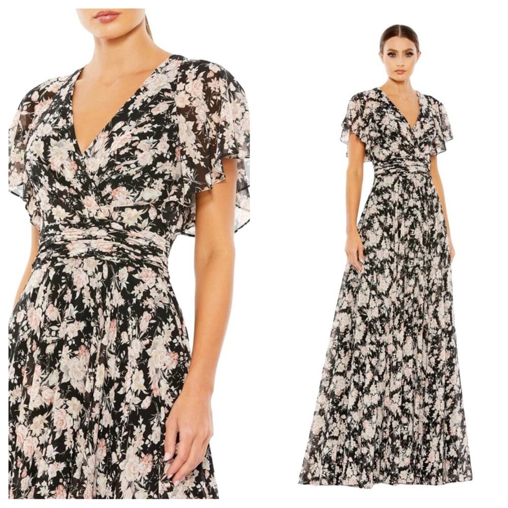 NWT IENNA for MAC DUGGAL Black Pink Floral Flutter Sleeve Maxi Dress Women’s